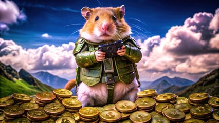 hamster holding a shield with a Bitcoin symbol, surrounded by stacks of cryptocurrency coins