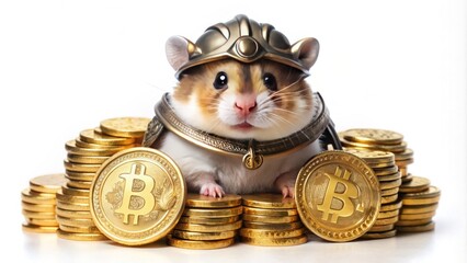 cute hamster wearing a warrior helmet, sitting on a pile of gold coins and holding a large Bitcoin