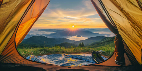 view from inside a cozy tent, looking out at a breathtaking mountain landscape