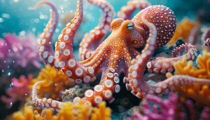 Wall Mural - Octopus blending into colorful coral underwater exploration sea travel summer adventure