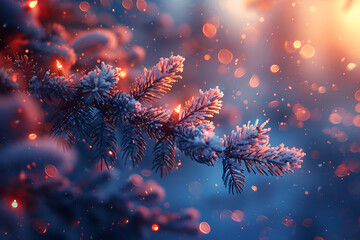 Wall Mural - Christmas tree branches adorned with lights and snowflakes.