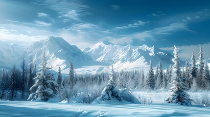 Picturesque view of mountain range covered with snow against blue sky with green aurora borealis in winter. 