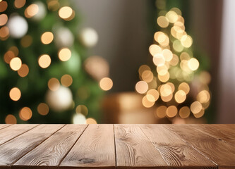 Wall Mural - Empty wood table with blurred bokeh lighting in living room interior decorated for Christmas