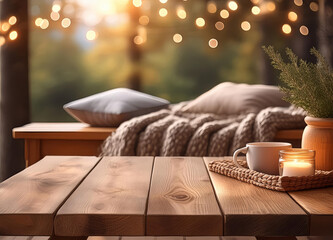 Wall Mural - Empty wood table with blurred bokeh lighting in living room