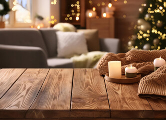 Wall Mural - Empty wood table with blurred bokeh lighting in living room