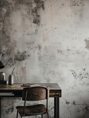 Interior of modern cafe with concrete wall, wooden table and chair.