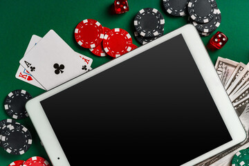 Sticker - Online Casino Gambling With Tablet, Cards, Chips, and Dice On Green Felt