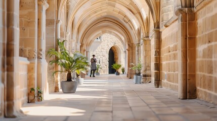 3 historical tour guide leading a quest through medieval castle corridors, tour, route and quest con