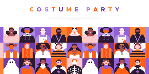 Wall Mural - Costume party web template illustration with diverse people. Funny geometric flat cartoon character crowd online banner. Halloween event invitation, internet holiday design. 