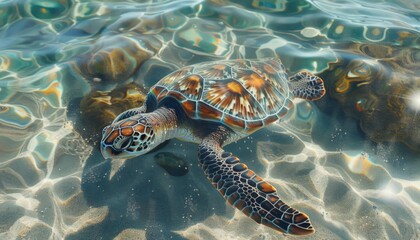 Wall Mural - Sea turtle swimming in clear tropical waters animal