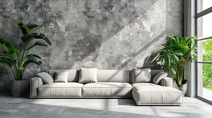 Wall Mural - Modern Living Room with Concrete Wall and Sectional Sofa