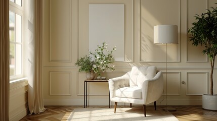 Wall Mural - Elegant Living Room Interior Design with White Armchair and Flowers