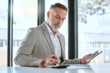 Wall Mural - Businessman, tablet and calculator on desk for planning investment, asset management and research in office. Corporate guy, tech and counting machine for budget, connection and financial stability