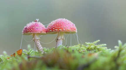 A macro shot of a dewcovered spiderweb spun between two glowing mushrooms with tiny fairies using the web as a shimmering bridge highlighting the intricate beauty of nature and imagination