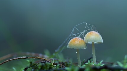 Wall Mural - A macro shot of a dewcovered spiderweb spun between two glowing mushrooms with tiny fairies using the web as a shimmering bridge highlighting the intricate beauty of nature and imagination