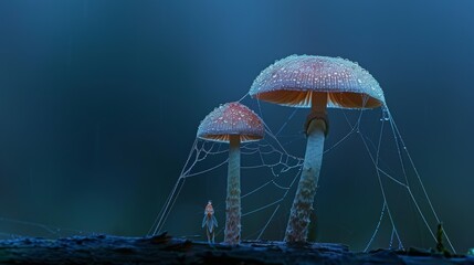 Wall Mural - A macro shot of a dewcovered spiderweb spun between two glowing mushrooms with tiny fairies using the web as a shimmering bridge highlighting the intricate beauty of nature and imagination