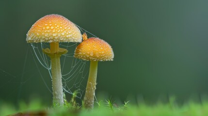 Wall Mural - A macro shot of a dewcovered spiderweb spun between two glowing mushrooms with tiny fairies using the web as a shimmering bridge highlighting the intricate beauty of nature and imagination