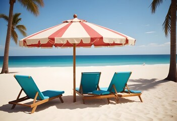 A wooden beach umbrella and two lounge chairs on a sandy beach with a calm, turquoise ocean in the background


