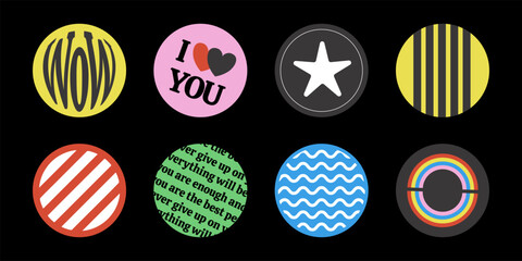 Wall Mural - y2k round stickers, set of graphic signs and symbols in circles, labels and badges. different signs 