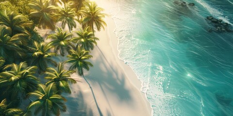 Wall Mural - aerial view of a white sand beach lined with swaying palm trees and crystal clear water