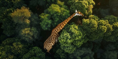 aerial view of a majestic giraffe reaching for leaves high in the canopy of acacia trees