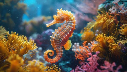 Wall Mural - Seahorse swimming among vibrant coral reefs, animal, delicate and whimsical