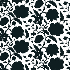 Wall Mural - Seamless pattern with monochrome chinoiserie hand drawn motifs. Floral wallpaper with black and white chinese style ornament.