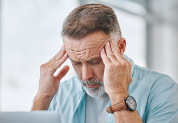 Canvas Print - Headache, laptop and mature man in living room with pain for monthly expenses, mortgage or bills. Finance, debt and frustrated person for money stress, overdue taxes or inflation problem in home