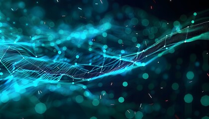 Abstract blue technology background with a cyber network grid and connected particles. Artificial neurons, global data connections