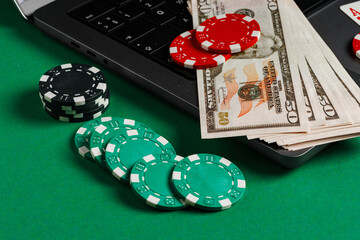 Sticker - Laptop, Playing Cards, Chips, and Cash on Green Felt Table