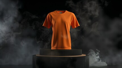 mock up 3D orange t-shirt on podium, black background with light smoke 