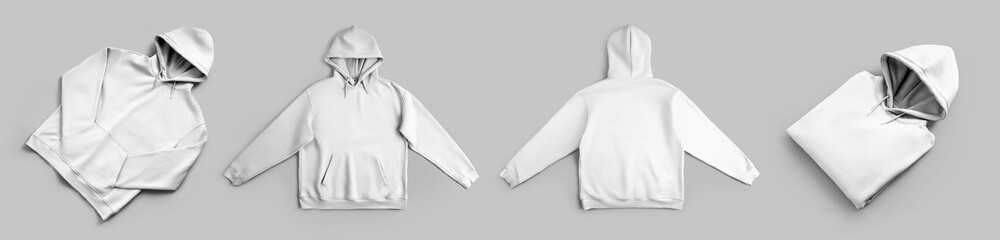 Wall Mural - White hoodie mockup, presentation of folded, unfolded streetwear diagonally, for design, branding, front, back view. Set