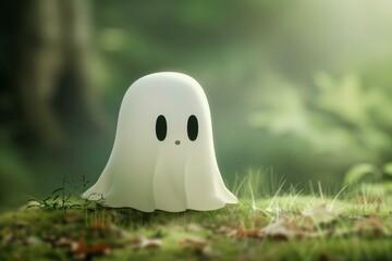 Poster - Charming illustration of a friendly ghost in a mystical forest setting