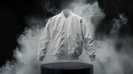 Mock up white bomber jacket made on a podium, black background with smoke
