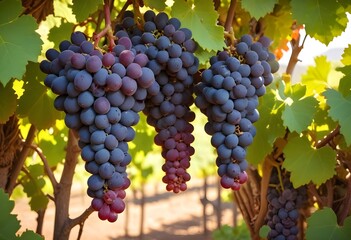 Clusters of ripe red and blue grapes hanging on a vine with green leaves in a vineyard

