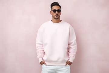 A man in a pink sweatshirt stands in front of a pink wall