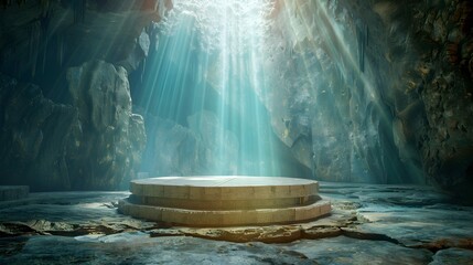 Mystical podium stage in ancient cave illuminated by rays of light from above