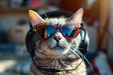 Poster - Stylish cat with headphones and sunglasses basking in the sun