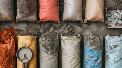 Vibrant image of a construction site with cement bags, concrete mix in wheelbarrows, and tools laid out, capturing the essence of building materials in use