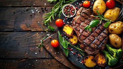 Wall Mural - Succulent grilled beef with roasted potatoes and crisp produce on rustic table.