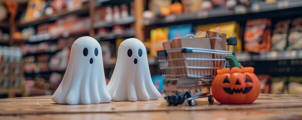 Two ceramic ghosts and a small toy supermarket cart next to a pumpkin decoration in a festive store setting, perfect for Halloween themes.