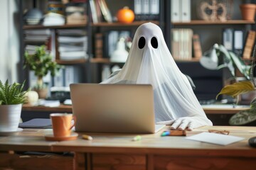 a ghost costume sitting at a desk with a laptop in a cozy home office environment, blending spooky f