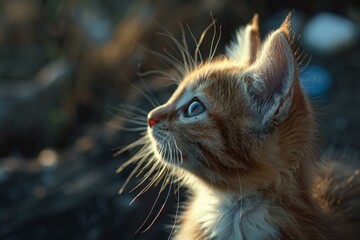 Sticker - Young kitten looks on with awe during golden hour, with its whiskers highlighted