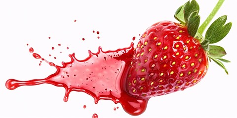 Wall Mural - Fresh strawberry juice dripping from a fruit on a white background.