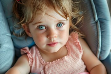 Canvas Print - Closeup portrait of an adorable toddler with striking blue eyes and freckles