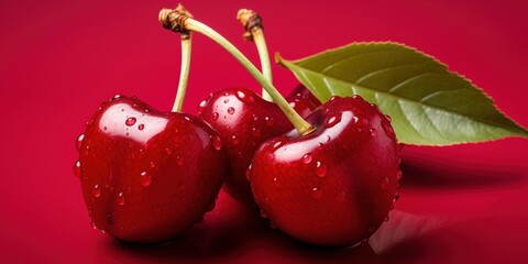 Wall Mural - Fresh Red Cherries with Dew Drops
