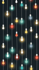 Wall Mural - Colorful Light Bulbs Hanging From Strings on a Black Background