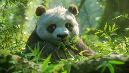 Wall Mural - Panda bear eating bamboo in a lush green forest, animal, endearing and peaceful