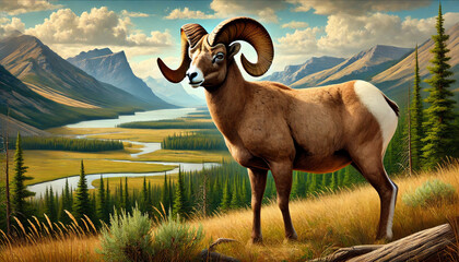 Wall Mural - An image of a majestic bighorn sheep standing in a picturesque landscape