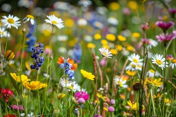 Wall Mural - Numerous wildflowers and other flowers cover an alpine meadow in a colorful display of natures beauty, Alpine meadows dotted with vibrant wildflowers